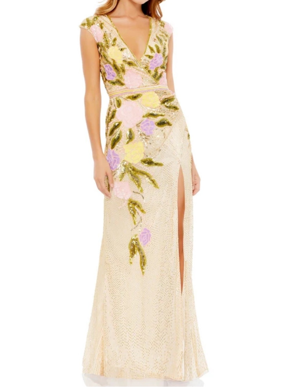 Mac Duggal 5420 Floral Beaded V-Neck High Slit Cap Sleeve Evening Gown Size 4